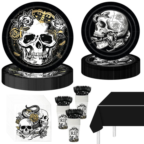 121 Pcs Gothic Halloween Party Tableware Set for 24 Guests – Black Skull Skeleton Disposable Plates, Cups, Napkins and Tablecloth for Spooky Gothic Halloween Party Decorations