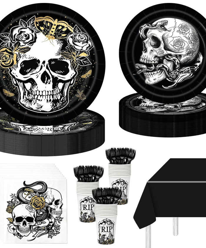 121 Pcs Gothic Halloween Party Tableware Set for 24 Guests – Black Skull Skeleton Disposable Plates, Cups, Napkins and Tablecloth for Spooky Gothic Halloween Party Decorations