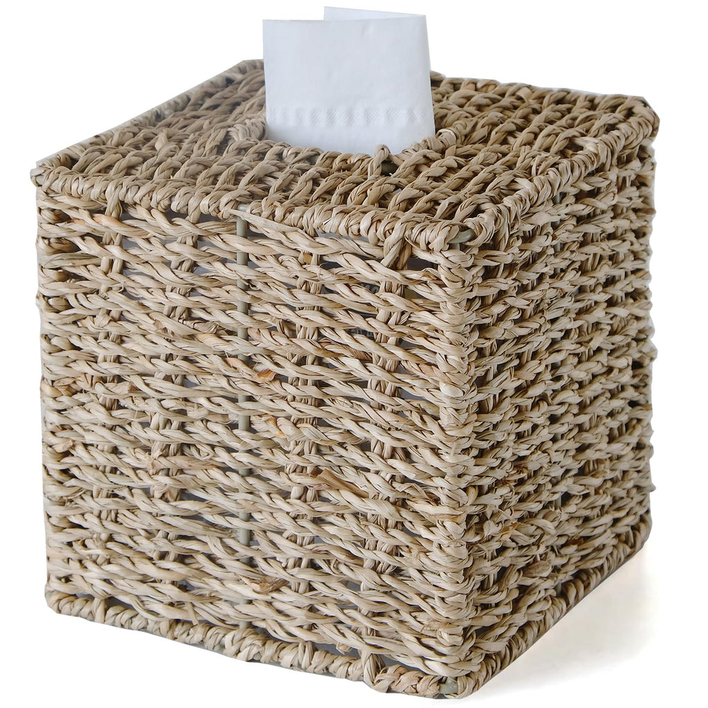 Seagrass Tissue Box Cover Square, Handwoven Facial Tissue Box Holder
