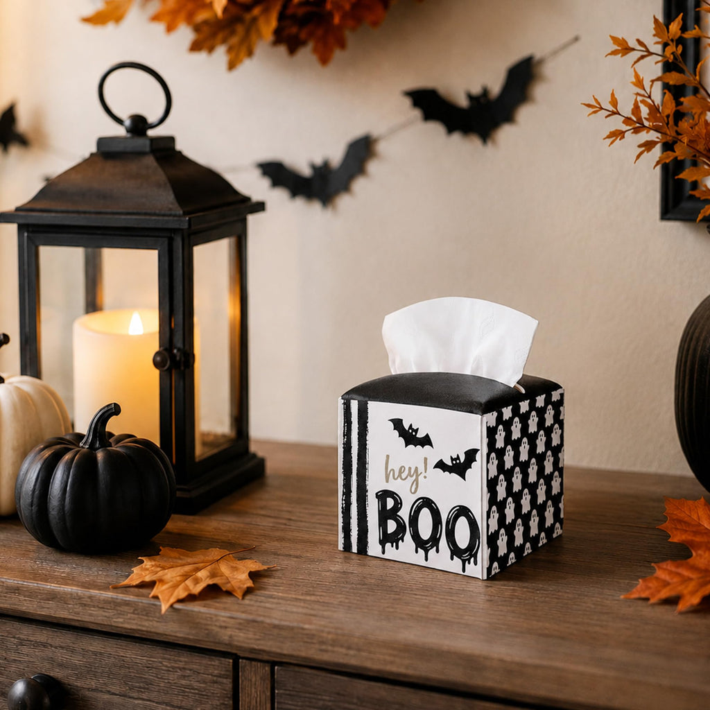Halloween Tissue Box Cover Square - Hey Boo - Halloween Party Decorations.