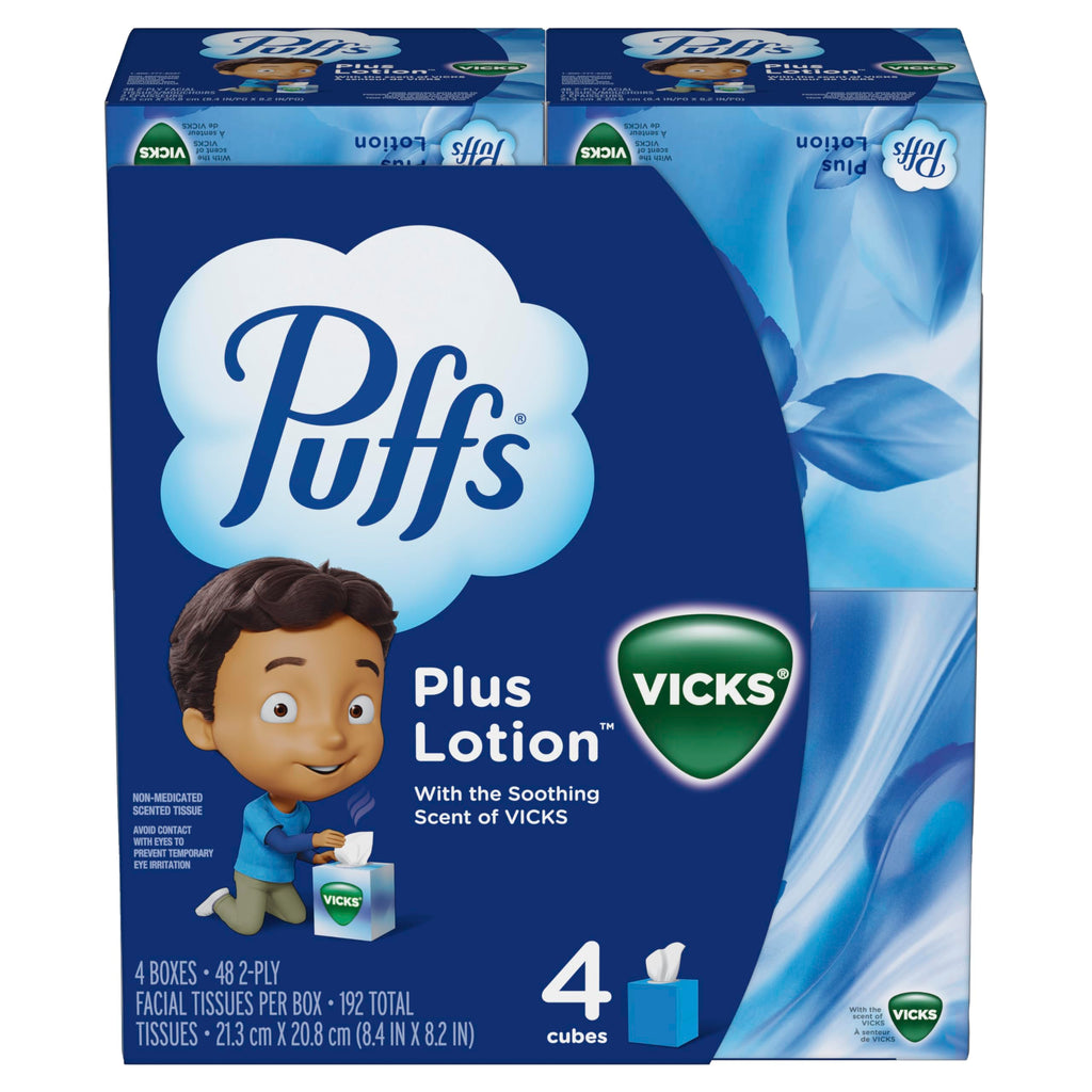 Puffs Plus Lotion with Vicks Facial Tissues, 4 Cubes, 48 Tissues per Box (192 Tissues) [Packaging May Vary]
