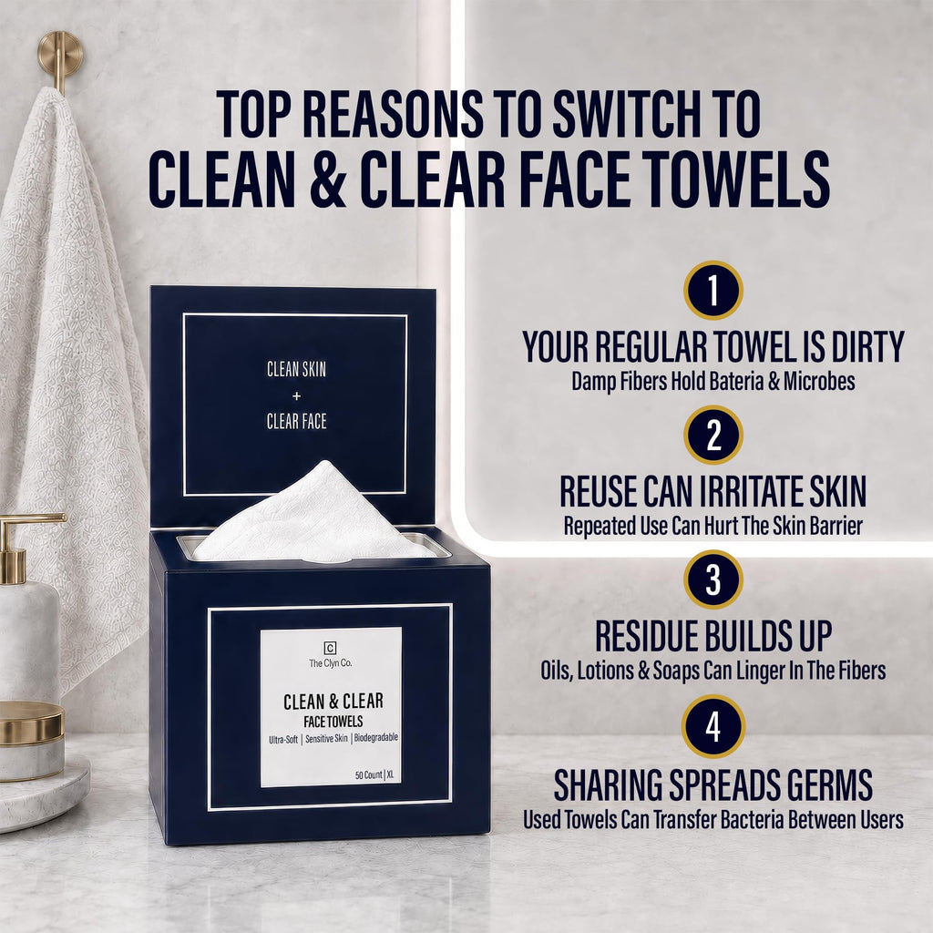 The Clyn Co. Clean & Clear Disposable Face Towels for Sensitive Skin, 50 Ct