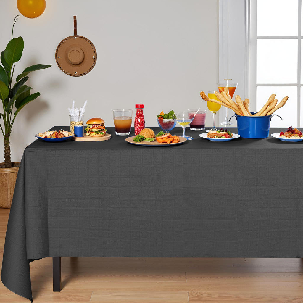 Dozobeede [6 Pack] Black Paper Tablecloth Disposable for Rectangle Tables, 54 X 108 Inch Party Table Cover with Plastic Backing, Waterproof 3 Ply Table Cloth for Halloween Labor Day Banquet