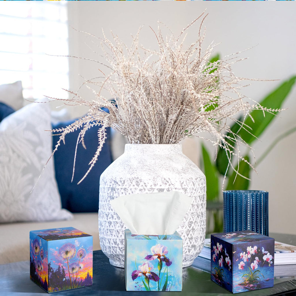 Fourluoo 12 Pack Purple Flowers Facial Tissues Cube Boxes 600 Sheets 3 Ply