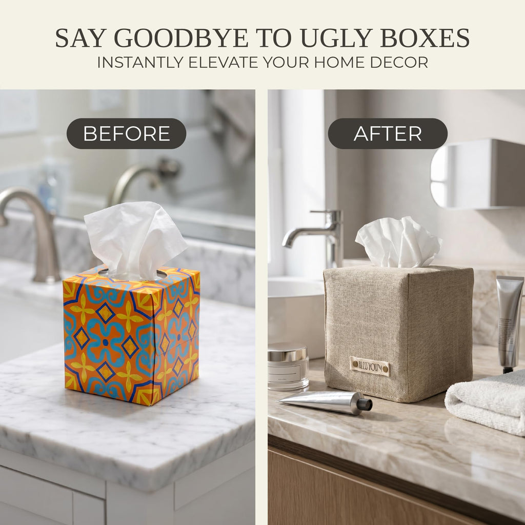 Stylish Tissue Box Cover - Beige Linen Holder for Square Tissue Boxes