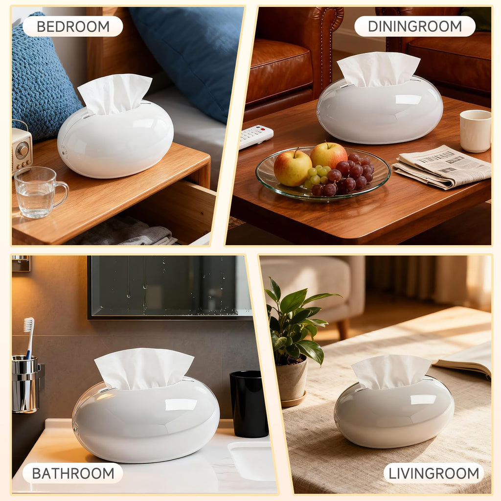Acrylic Tissue Box Cover, Large Round Design with Non-Slip Base, Beige Decorative Holder for Bathroom, Living Room, Office (White)