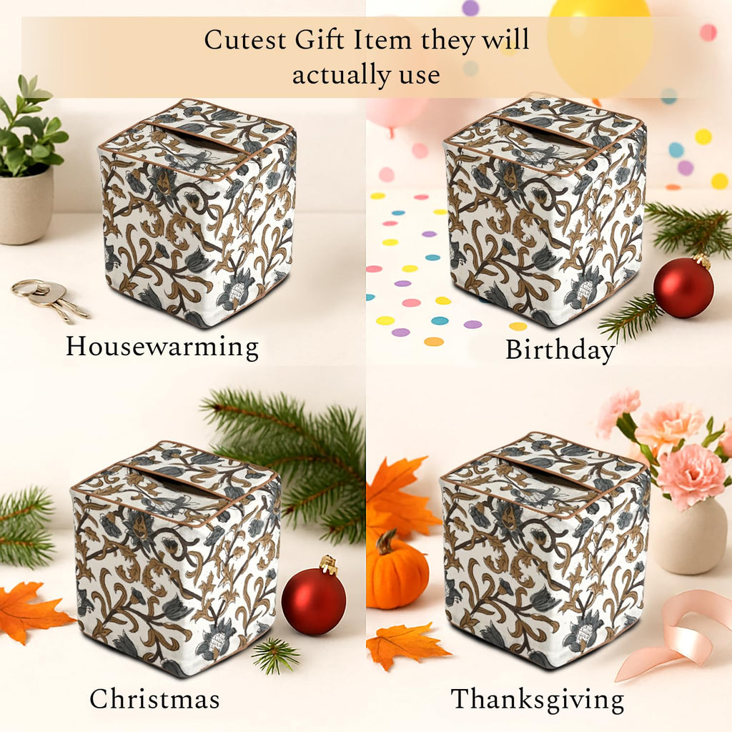 CPC 100% Cotton Piping Block Print Tissue Box Cover, Autumn Vine