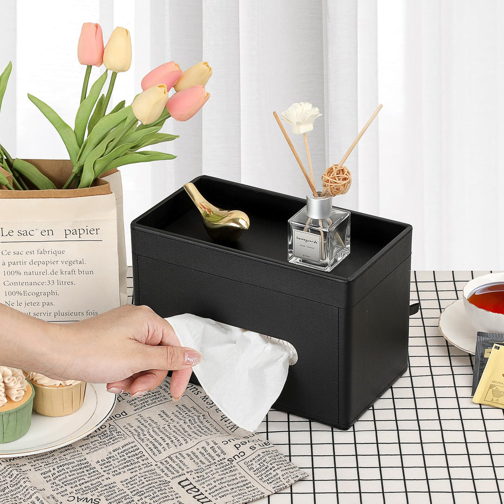 Sumnacon Tissue Box Cover with Storage Tray Rectangular Tissue Holder,Black