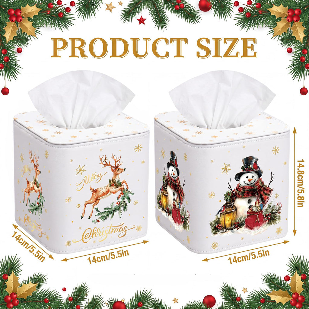 Thyle 2 Pcs Christmas Square Tissue Box Cover PU Leather Reindeer Snowman Tissue Box Holder Closure Xmas Decorations Cube Napkin Holder for Kitchen Car Home Office Living Room Bedroom