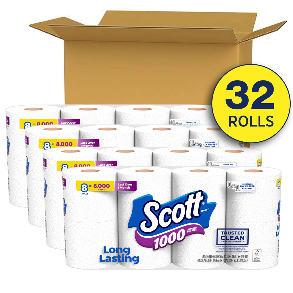 Scott 1000 Trusted Clean Toilet Paper, 32 Rolls, 1000 Sheets per Roll