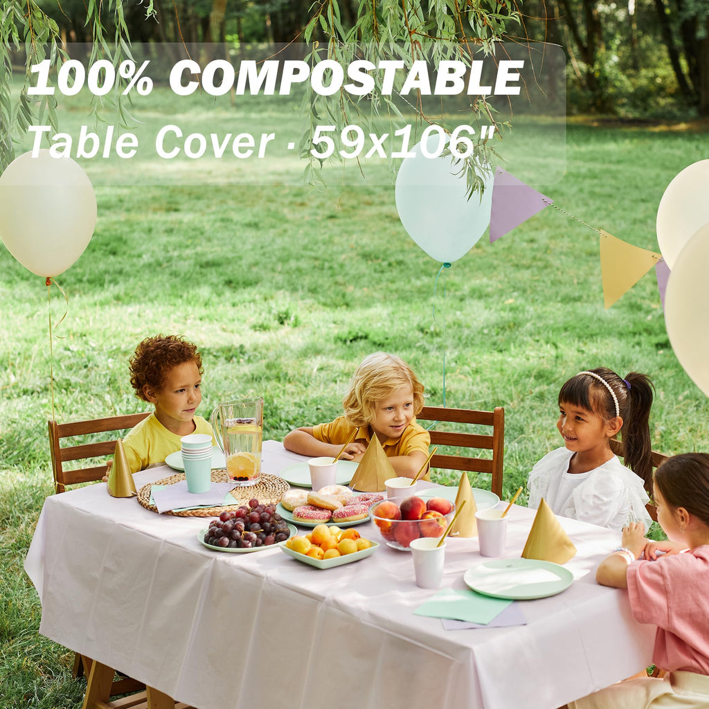 JENCENBIO Compostable Table Cloths for Rectangle Tables 59''x106'' Disposable Tablecloth for Outdoor Party Picnic Wedding 3 Packs White