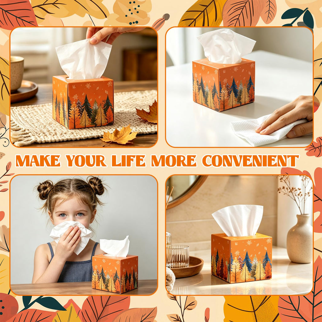 Whaline 12Pcs Fall Facial Tissues Cube Boxes Boho Autumn Trees Maple Leaves Square Tissue Box Cover with 600 Sheets Napkins for Harvest Thanksgiving Home Car Accessories