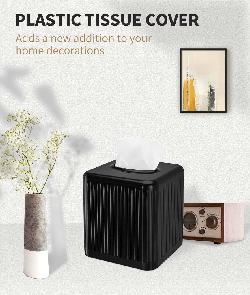 Livelab Square Plastic Tissue Box Holder with Base - Modern Cube Decorative Tissue Cover for Bathroom, Countertop, Living Room, Bedroom, Office - Black