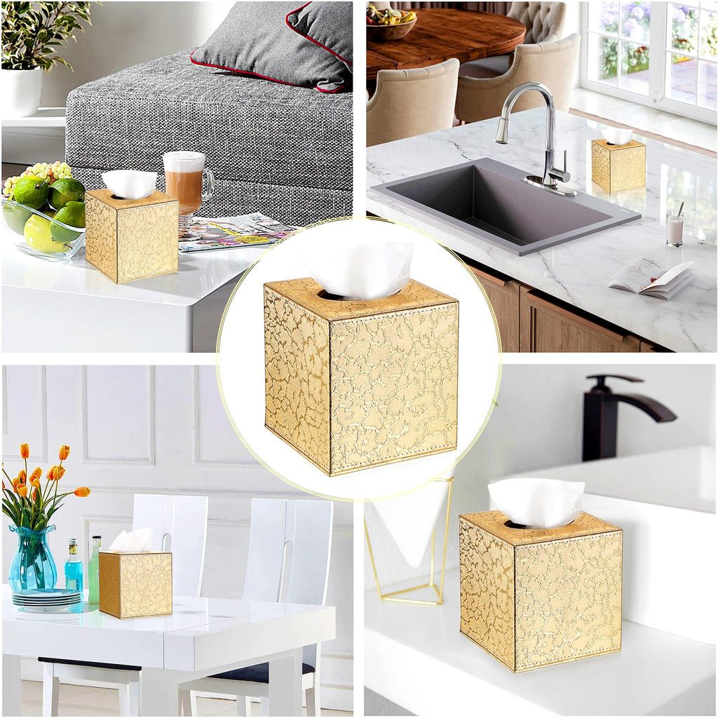 Sumnacon PU Square Tissue Box Cover with Magnetic Bottom, Waterproof, Gold