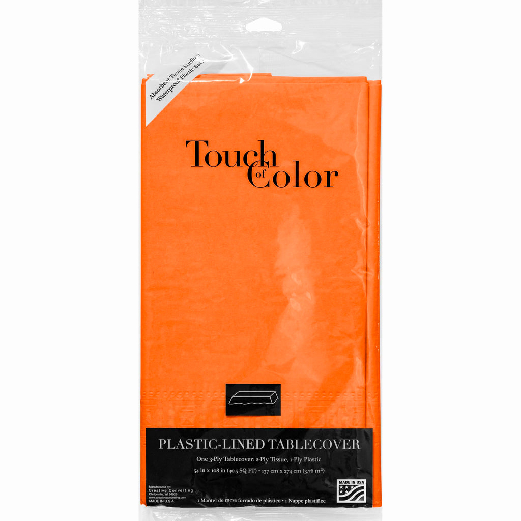 Touch of Color Paper Tablecloth, Poly Liner, Orange, 54 x 108 in, 3 ct