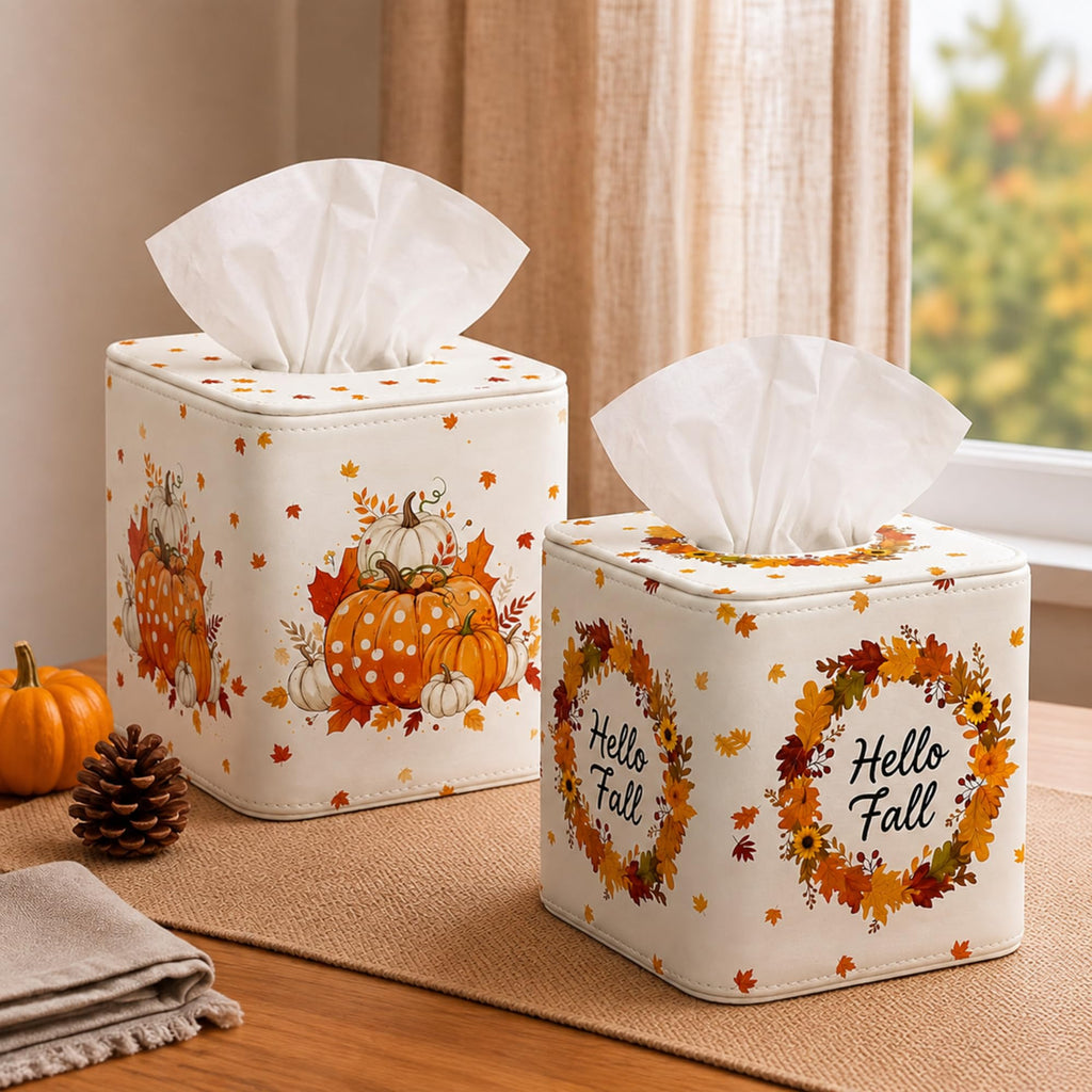 Thyle 2 Pcs Fall Tissue Box Cover Square, Pumpkin PU Leather Tissue Holder