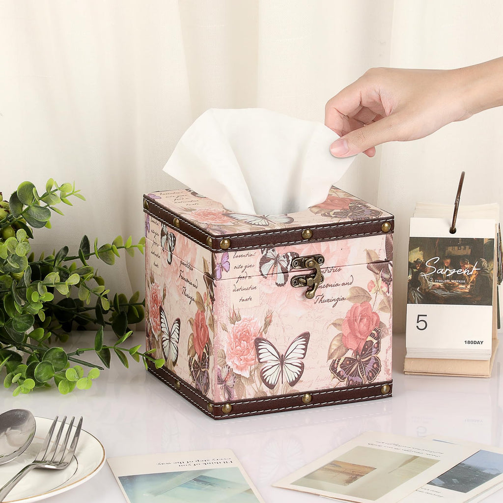 Hoowen Butterfly Tissue Box Cover, Wood Square Tissue Holder, Stylish Pink