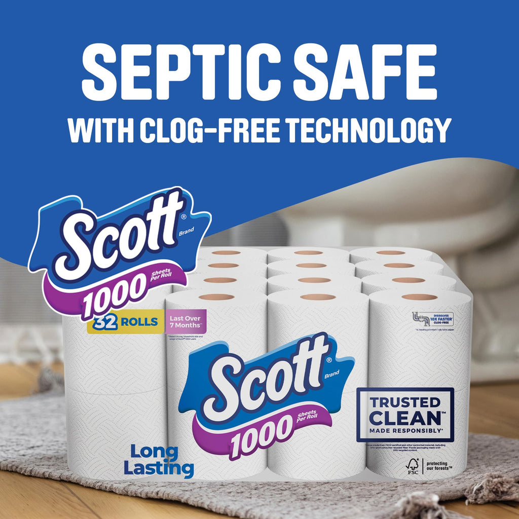 Scott 1000 Trusted Clean Toilet Paper, 32 Rolls, 1000 Sheets per Roll
