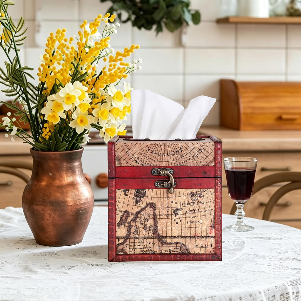 Sumnacon Wood Tissue Box Cover Square, Vintage Retro Tissue Holder, Red
