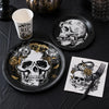 121 Pcs Gothic Halloween Party Tableware Set for 24 Guests – Black Skull Skeleton Disposable Plates, Cups, Napkins and Tablecloth for Spooky Gothic Halloween Party Decorations