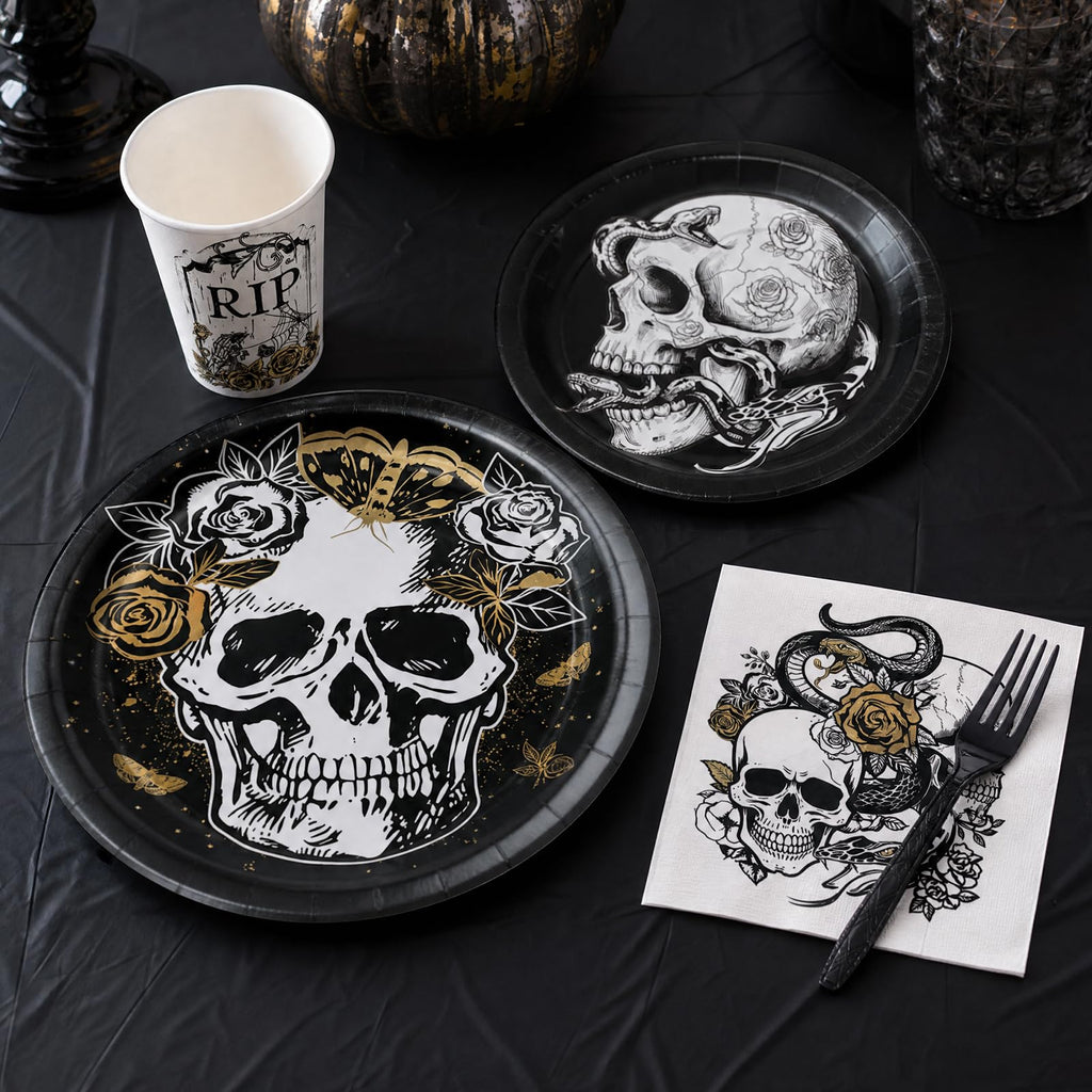 121 Pcs Gothic Halloween Party Tableware Set for 24 Guests – Black Skull Skeleton Disposable Plates, Cups, Napkins and Tablecloth for Spooky Gothic Halloween Party Decorations