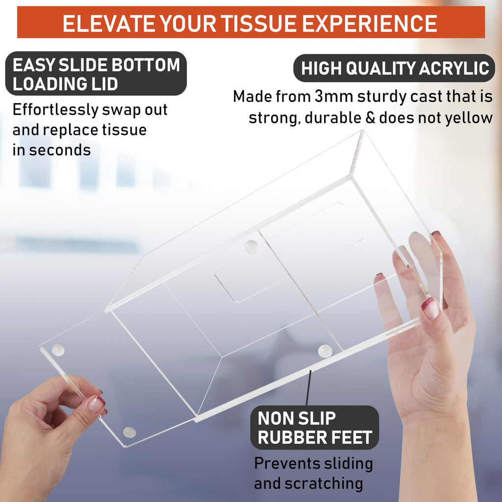Acrylic Tissue Box Holder, Clear Dispenser for Facial Tissues, Napkins, and Dryer Sheets. Perfect for Bathrooms, Desks, Countertops, Vanities, Bedrooms, and Nightstands (Rectangle, Clear) (Pack of 2)