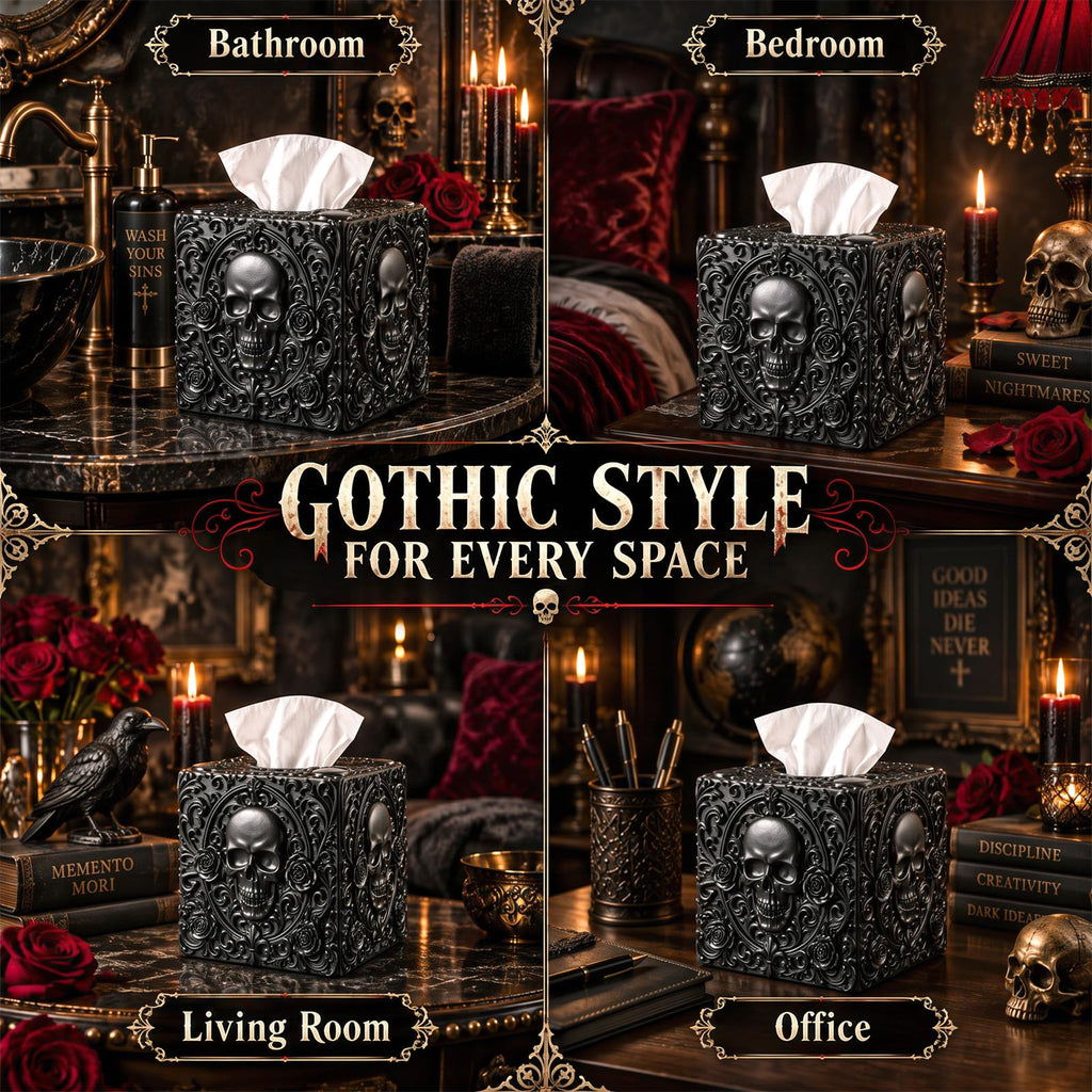 Pinkunn Halloween Skull Tissue Box Cover Black Square Gothic Style