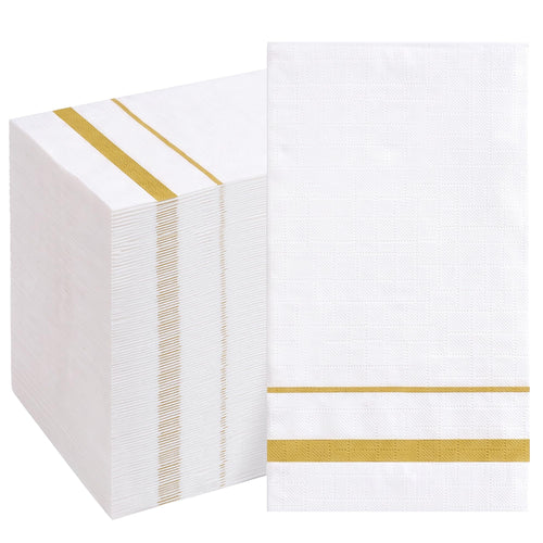 BESTVIP 200 Pack Disposable Paper Napkins, White & Gold Trim Dinner Napkins