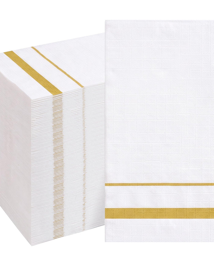 BESTVIP 200 Pack Disposable Paper Napkins, White & Gold Trim Dinner Napkins