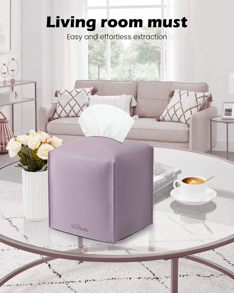 Tclouda Tissue Box Cover for PU Leather, Modern Simple Solid Color Holder Square Tissue Bag, Ideal for Bathrooms,Office,Car,Nightstand,Outdoor Tent,Dining Table,5"X5"X5", Double Purple