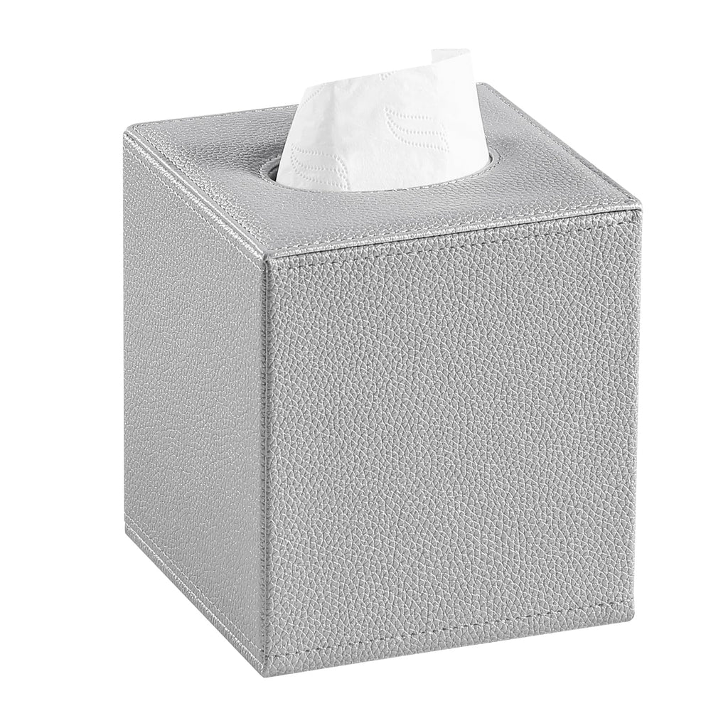JLAMBOM PU Leather Tissue Box Cover Square Tissue Box Holder (Silver)