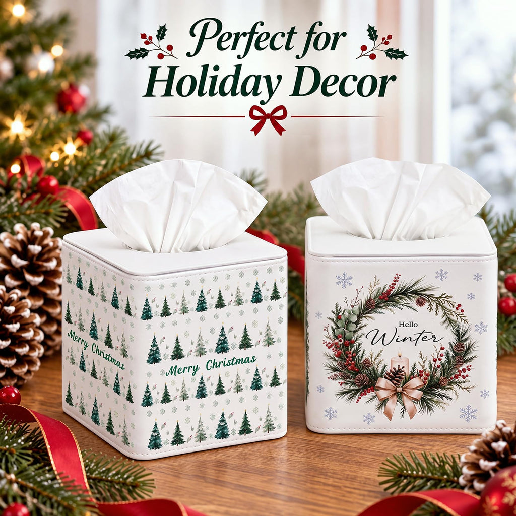 Thyle 2 Pcs Winter Christmas Square Facial Tissue Box Cover