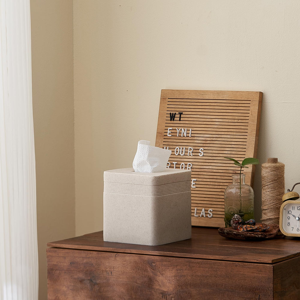 Sand Stone-Look Square Tissue Box Cover, Luxury Beige Cube Tissue Box Case