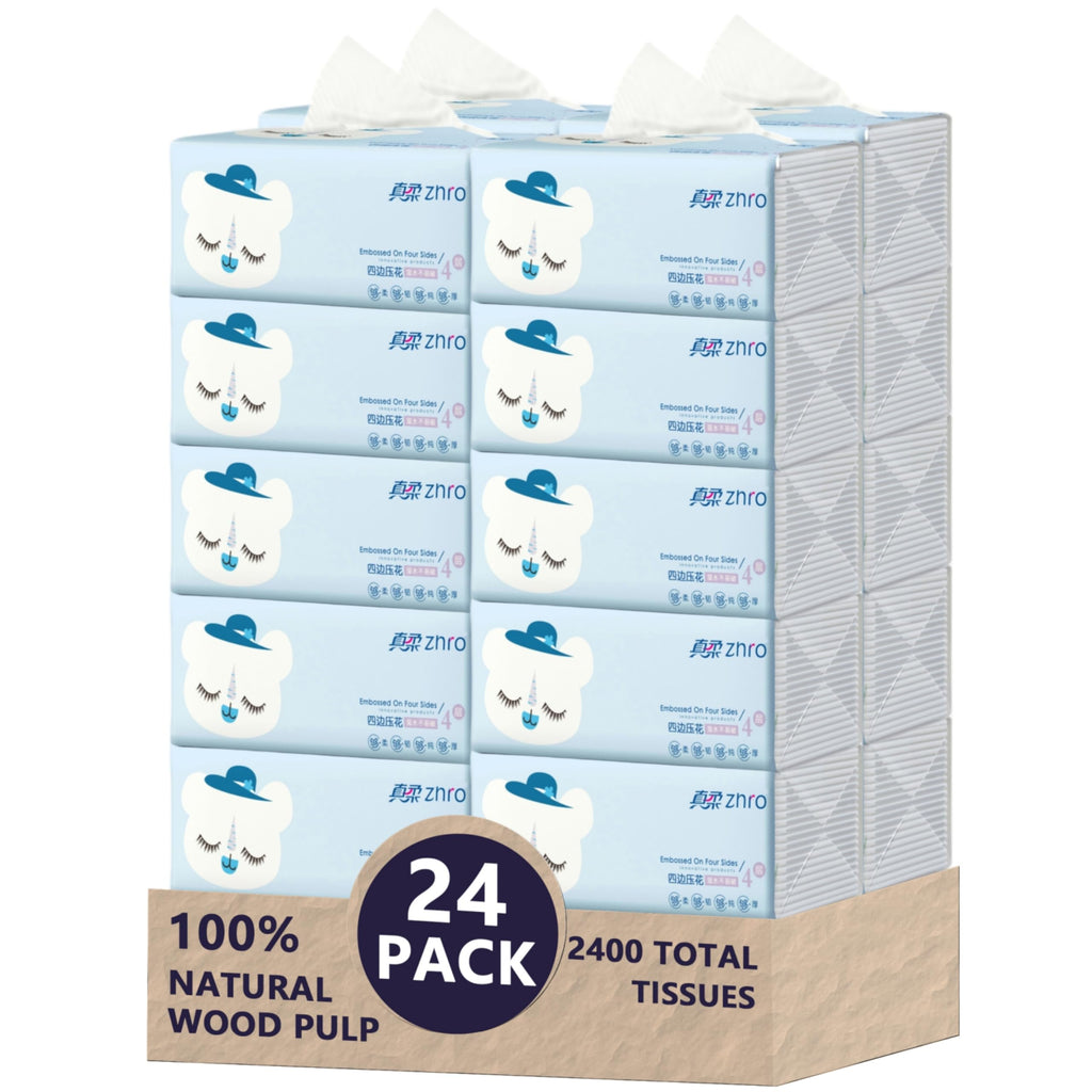 Zhro 4-Ply Tissues, 24 Hypoallergenic Packs (5.6 x 3.6 x 2.7"[Not in Box]) - 2400 Sheets Bulk Supply, Desk/Car/Bag Friendly, Lint-Free & Durable