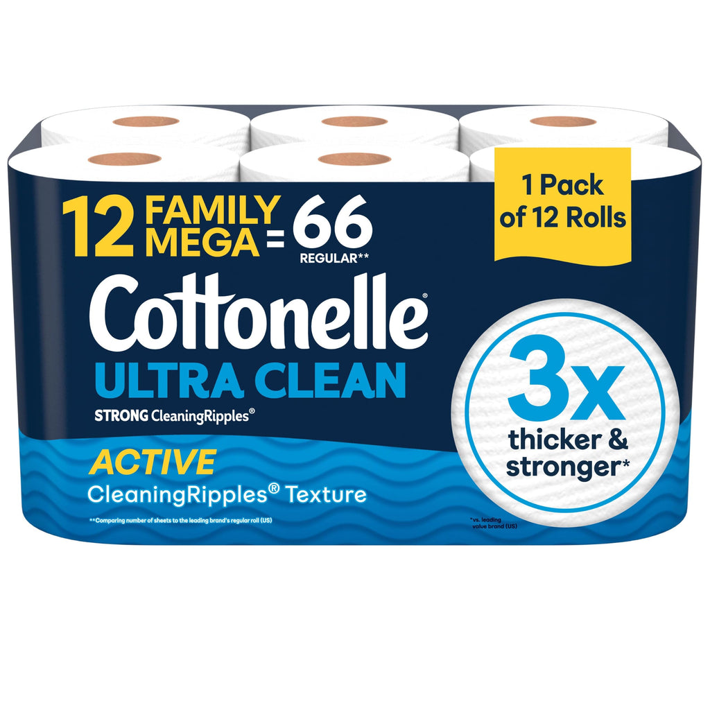 Cottonelle Ultra Clean Toilet Paper, 12 Family Mega Rolls=66 Regular Rolls