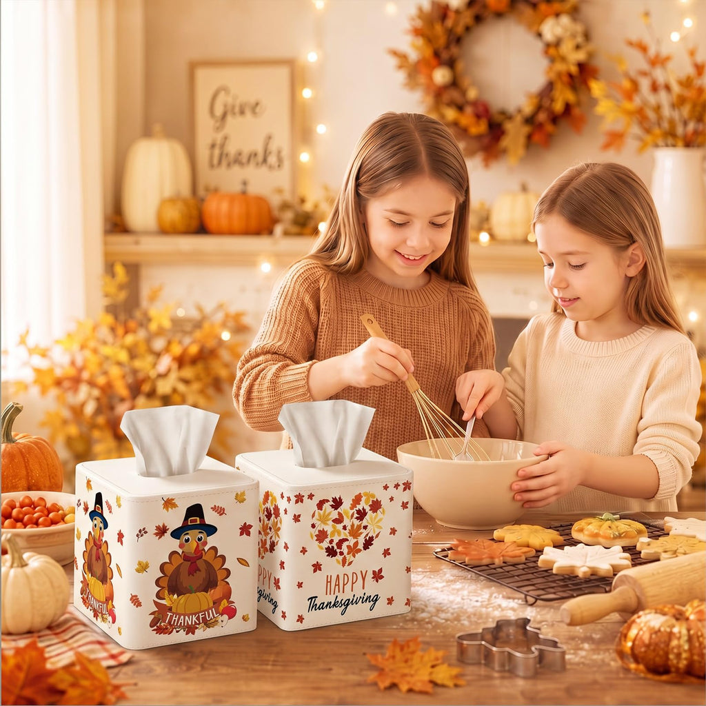 Thyle 2 Pcs Thanksgiving Tissue Box Cover Turkey Square Tissue Case Holder
