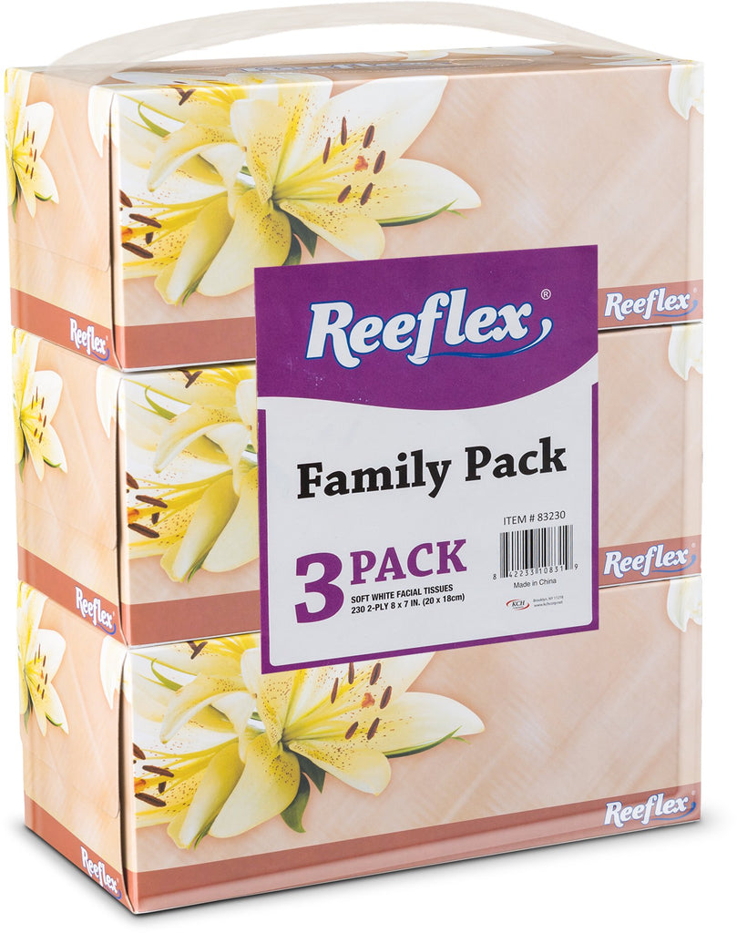 Reeflex Facial Tissues, 2-Ply Soft Facial Tissue - 3 Boxes, 230 Sheets Per Box (690 Total Sheets), Gentle & Durable Tissue Boxes Bulk for Home, Office & Travel (Pack of 8)