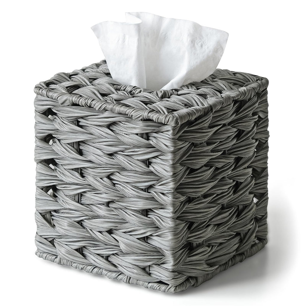 PE Wicker Tissue Box Cover Square, Handwoven Facial Tissue Box Holder Gray