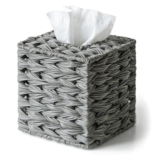 PE Wicker Tissue Box Cover Square, Handwoven Facial Tissue Box Holder Gray