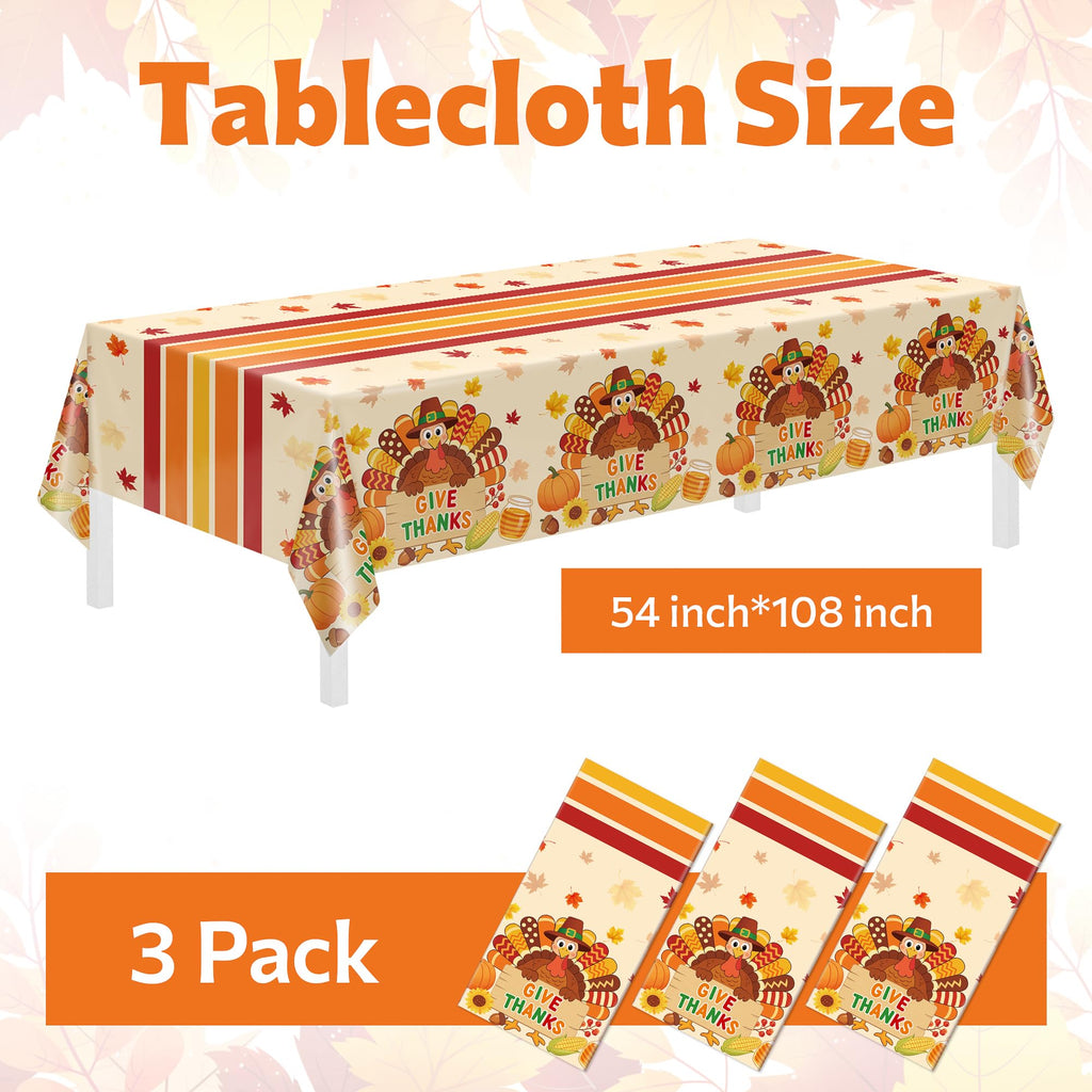 Childom 3 Pack Thanksgiving Tablecloth,Thanksgiving Decorations 54x108 Inch Disposable Plastic Tablecloth,Fall Turkey Table Cover for Home Dinner Table Decor Picnic Birthday Party Supplies