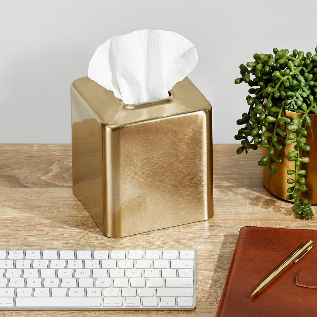 mDesign Metal Square Tissue Box Cover, Modern Facial Paper Holder - Accessories for Bathroom Vanity, Bedroom Dresser, Night Stand, Desk, Office, End Table - Unity Collection - 2 Pack - Soft Brass