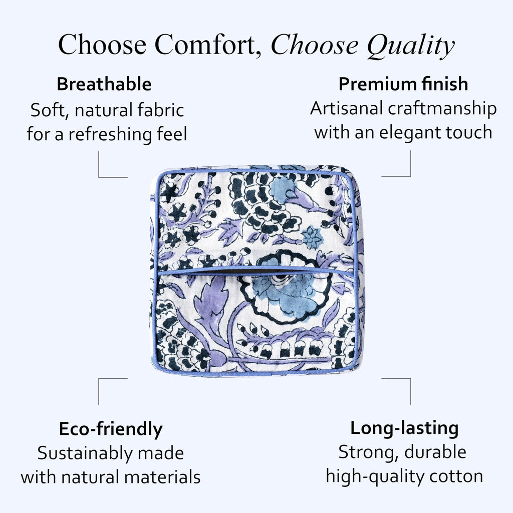 CPC 100% Cotton Piping Block Print Tissue Box Cover, Indigo Blue