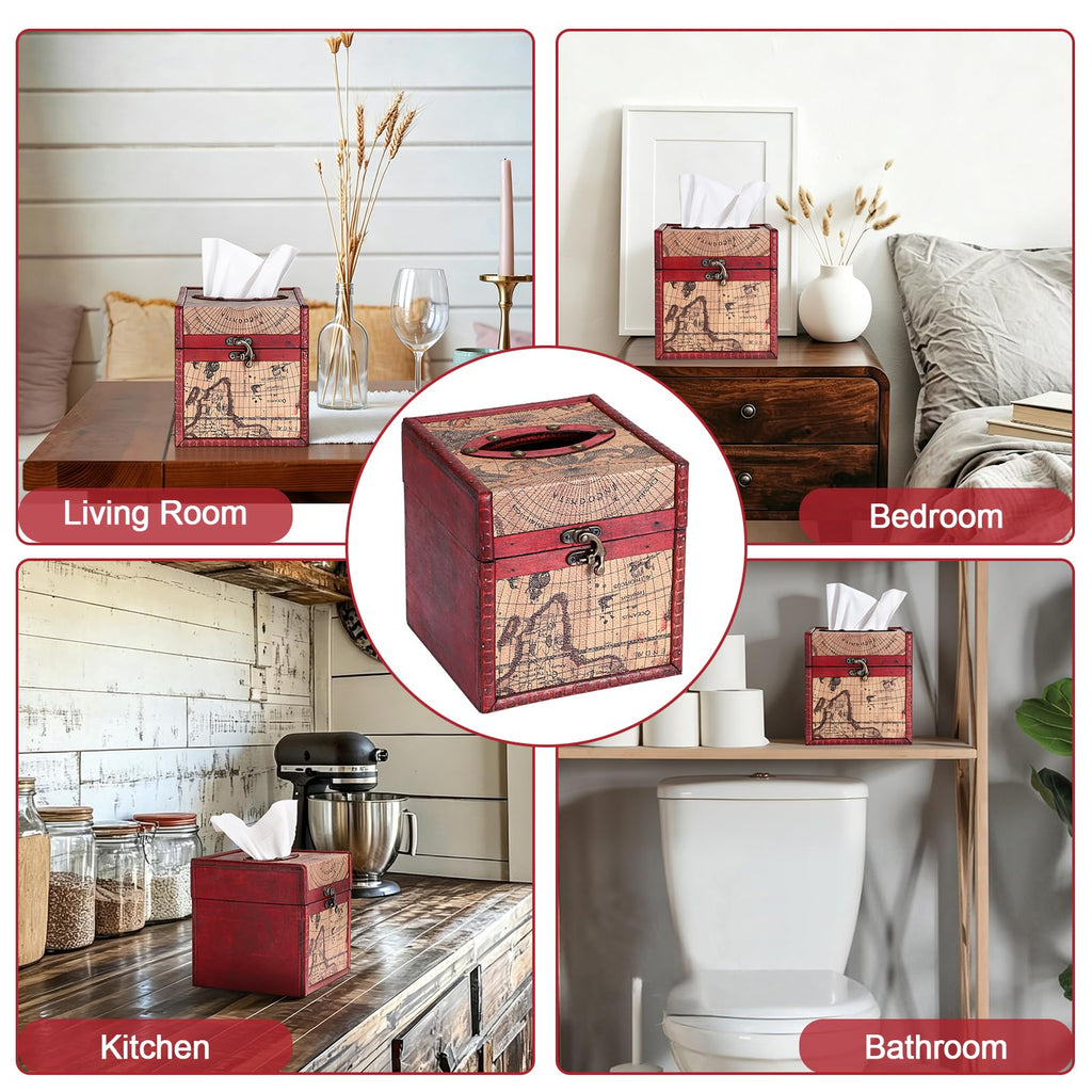 Sumnacon Wood Tissue Box Cover Square, Vintage Retro Tissue Holder, Red