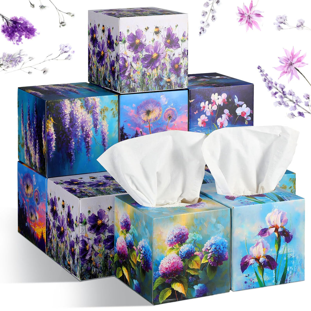 Fourluoo 12 Pack Purple Flowers Facial Tissues Cube Boxes 600 Sheets 3 Ply