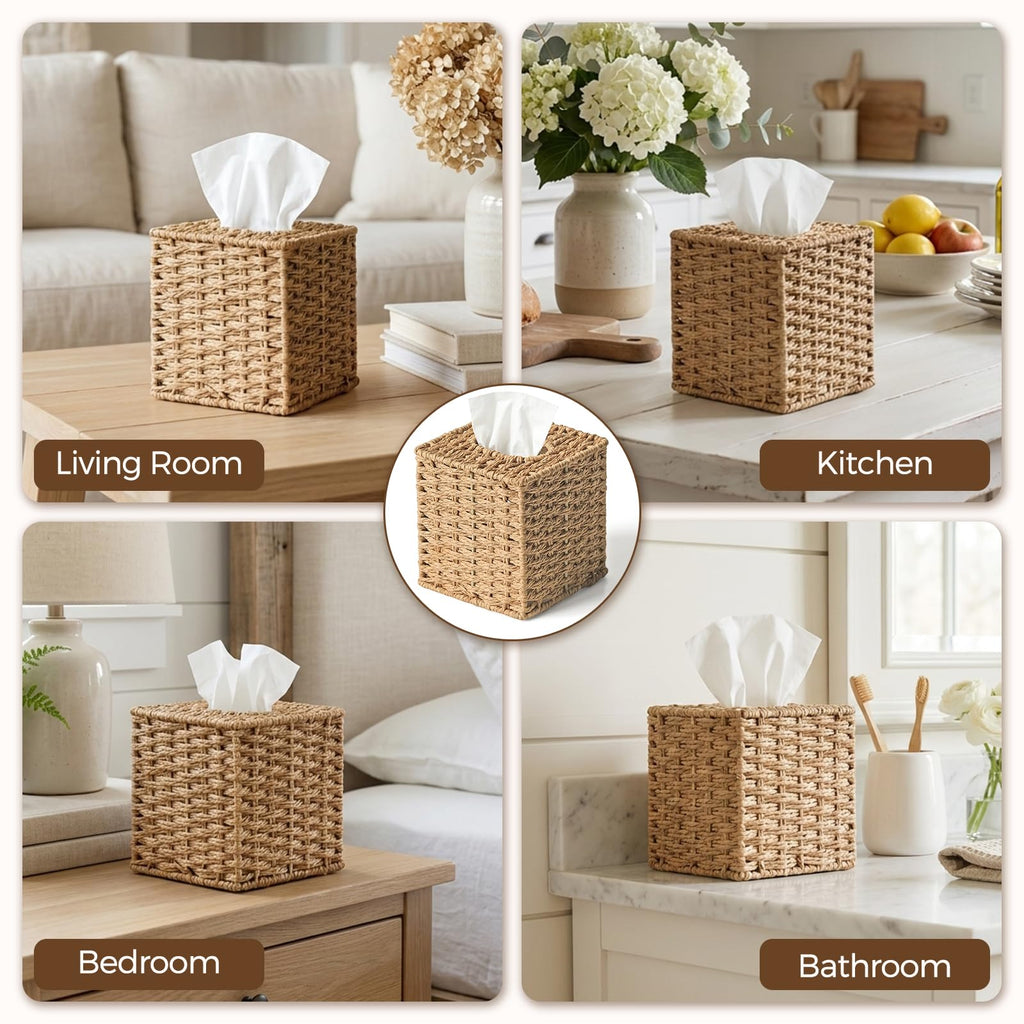 Yosner Paper Rope Tissue Box Cover Square, Wicker Tissue Box Holder Natural