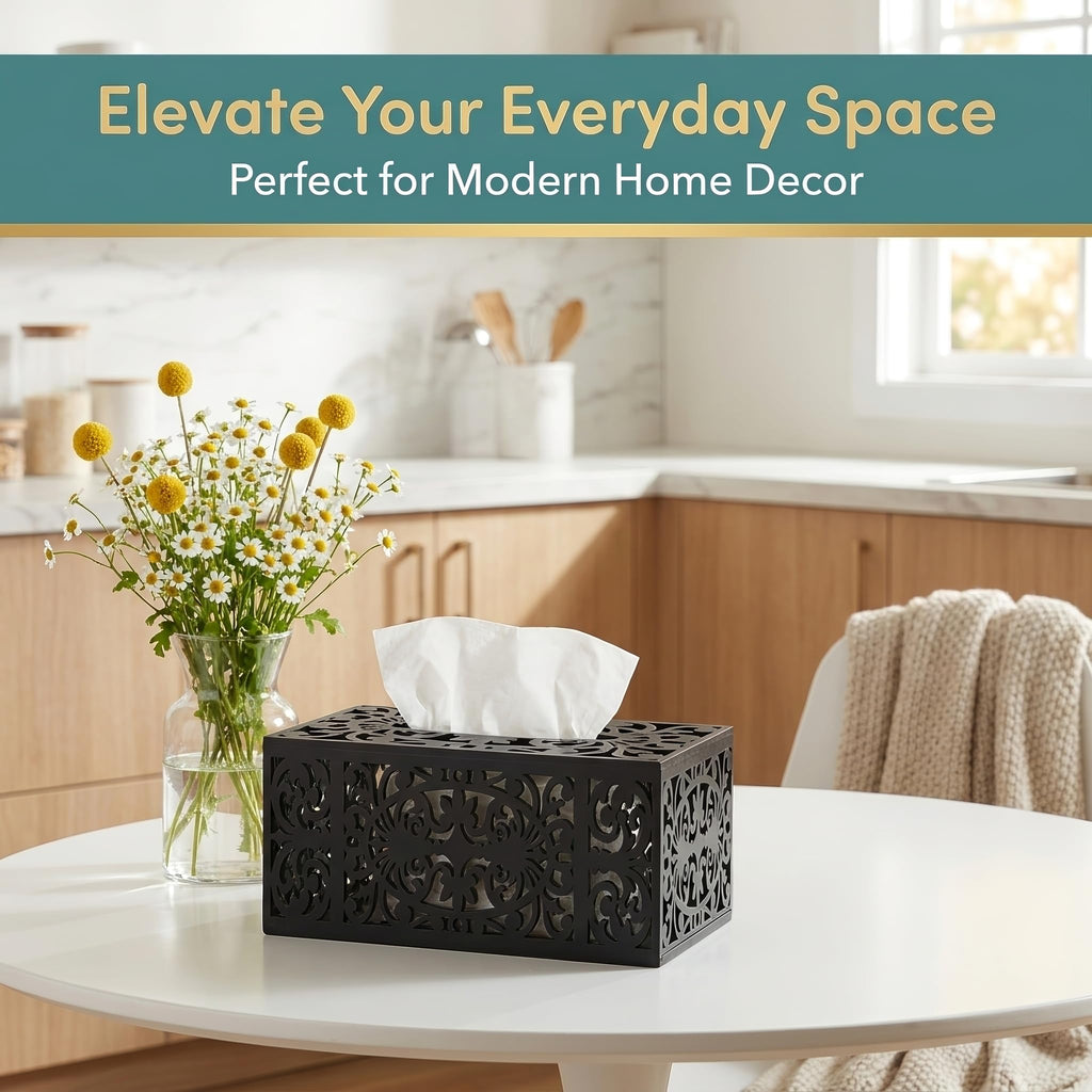 GRAUES Home Collection Rectangle Wooden Tissue Box Cover, Black Decorative Wood Tissue Box Holder, Modern Farmhouse Kleenex Box Cover for Bathroom, Kitchen, Bedroom, Living Room, Office - Solid Wood