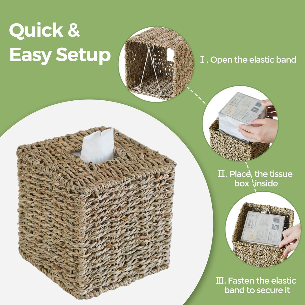 Seagrass Tissue Box Cover Square, Handwoven Facial Tissue Box Holder