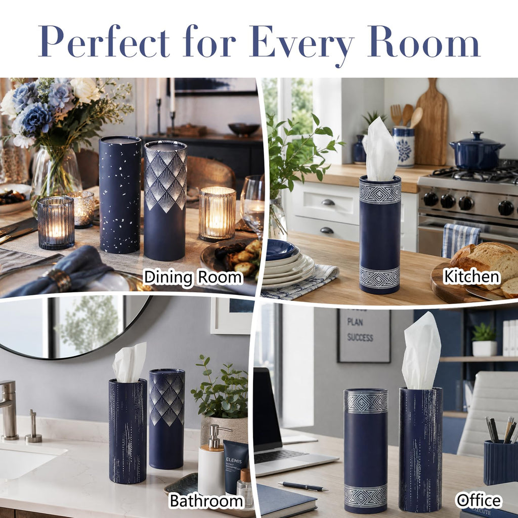 4 Pack Navy Blue Car Tissue Holder with Facial Tissues Bulk, Silver Foil