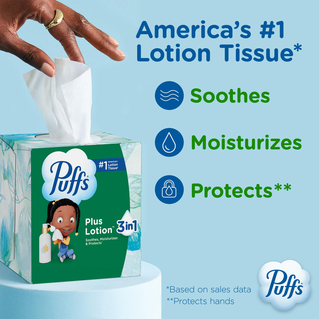 Puffs Facial Tissues Plus Lotion, 10 Cube Boxes, 56 Facial Tissues per Box, Allergies and Colds (Packaging May Vary)