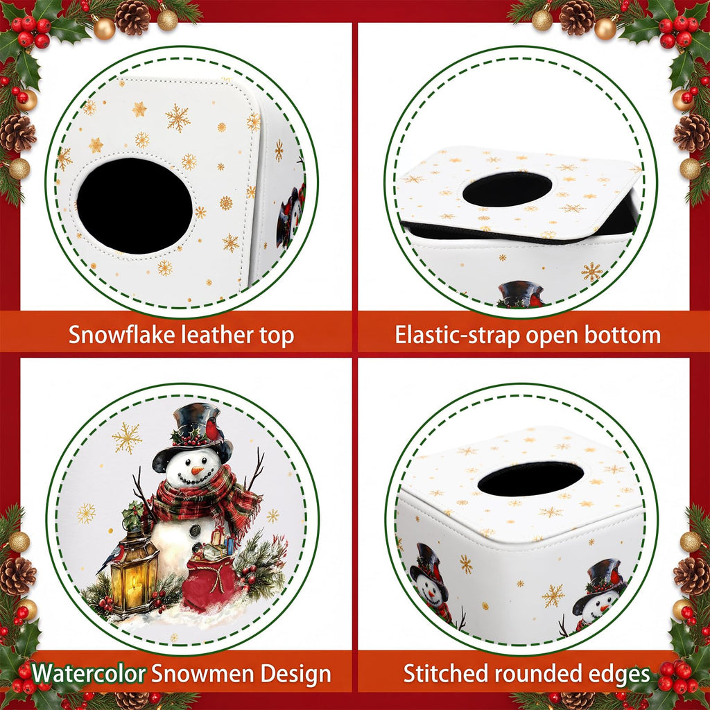 Thyle 2 Pcs Christmas Square Tissue Box Cover PU Leather Reindeer Snowman Tissue Box Holder Closure Xmas Decorations Cube Napkin Holder for Kitchen Car Home Office Living Room Bedroom